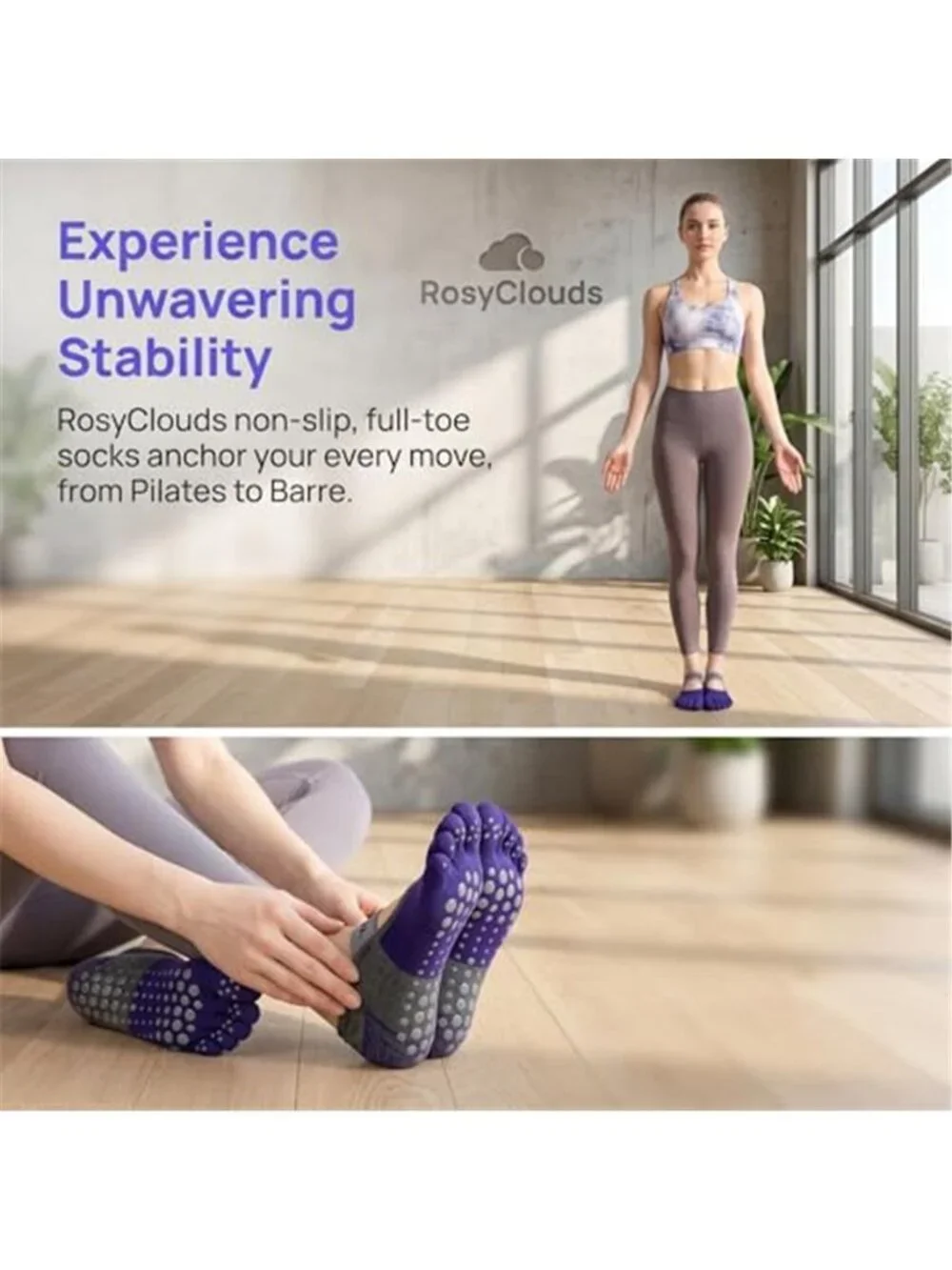 6 Pairs Women's Yoga Socks with Grips Non-Slip Full Toes Socks